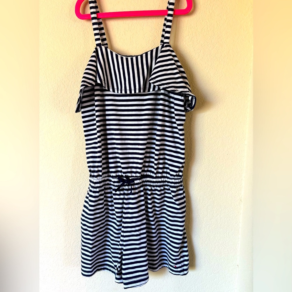 Girl’s Tommy Hilfiger spaghetti strap blue and white strip romper size LG 12/14.
